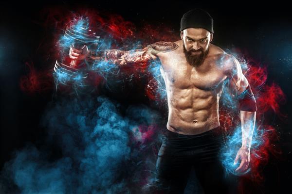 تمرین بدنساز در سالن با نور آبی تمرین بدنساز در سالن با نور آبی